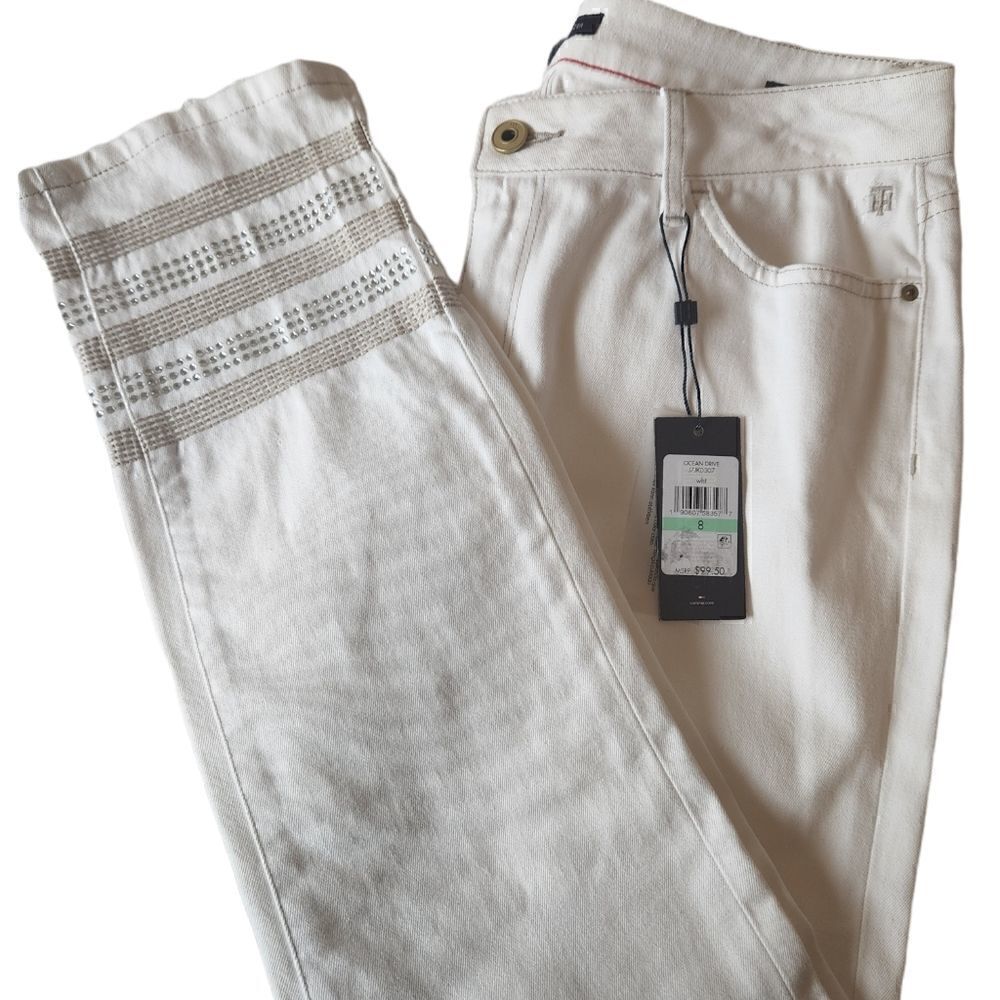 Tommy Hilfiger White Greenwich Midrise Straight Jeans with Rhinestones Size 8